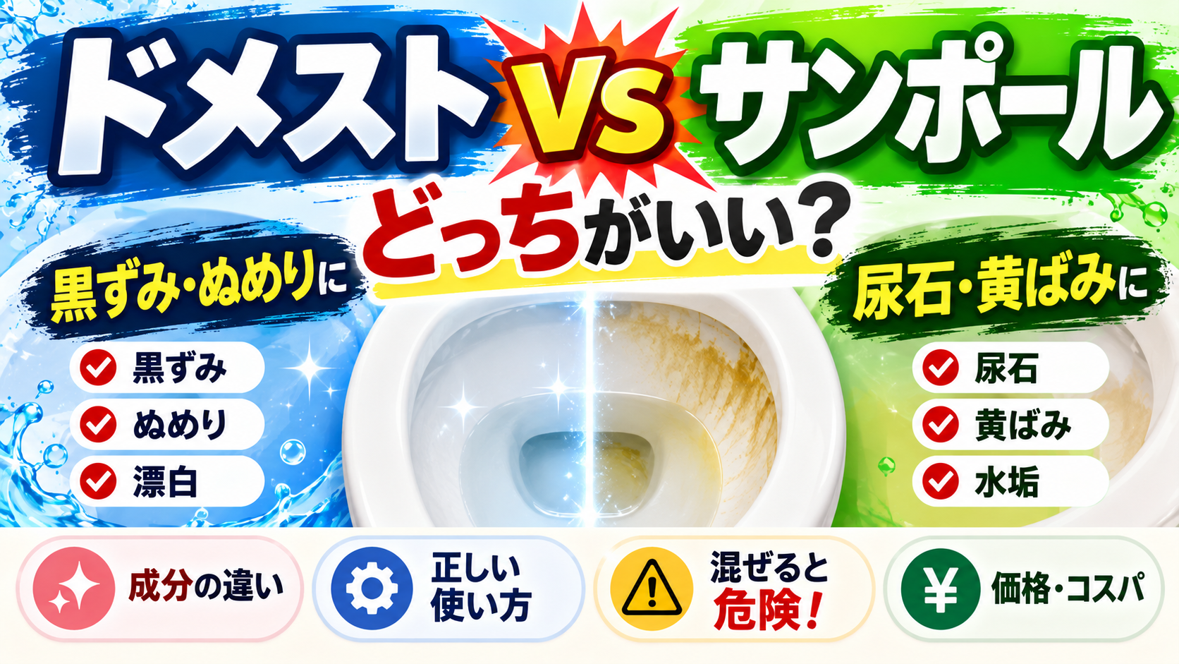 ドメストとサンポールの違いは？どっちがいいか尿石・黒ずみ・洗浄力で比較